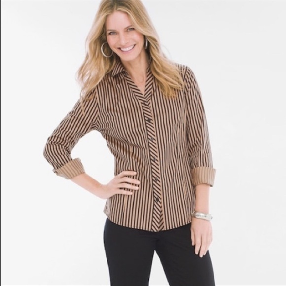 Chico’s No Iron Button Down Striped Shirt Long Sleeves Size 2 Large - Picture 1 of 13